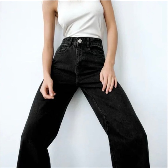 ZARA wide leg jeans pants full length grey black denim like NEW Size 32 (US 0) - Picture 3 of 11